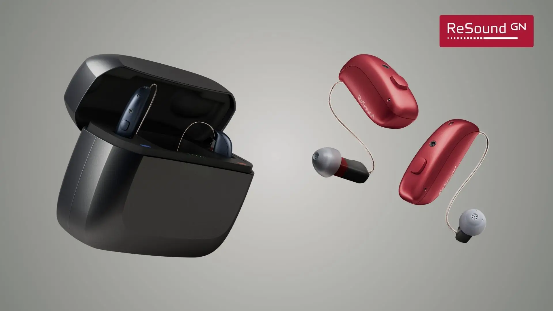 ReSound Vivia hearing aids with charging case