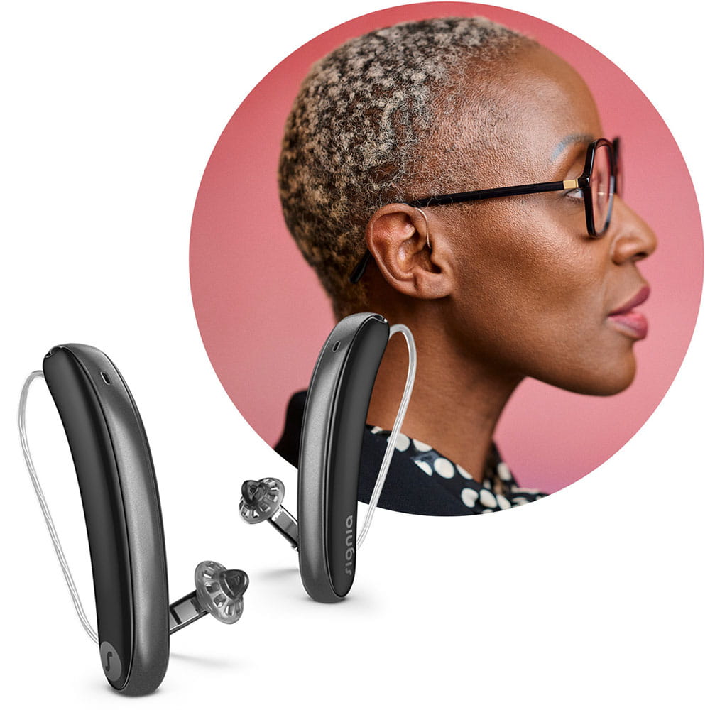 Woman wearing Signia hearing aid