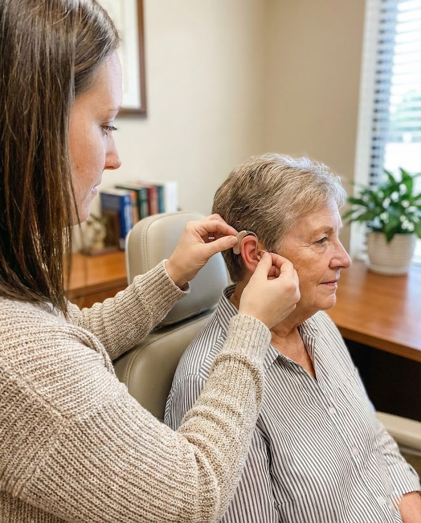Audiologist fitting hearing aids for a patient